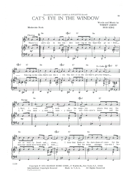 Picture of Cat's Eye in the Window, Tommy James & Bob King, sheet music