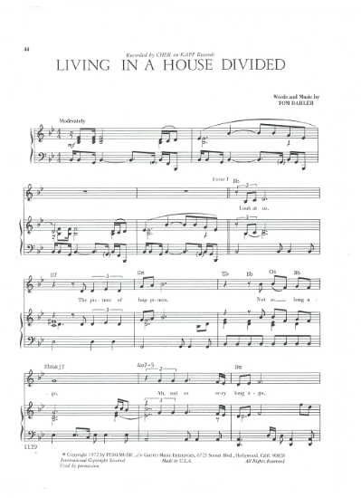 Picture of Living in a House Divided, Tom Bahler, recorded by Cher, sheet music