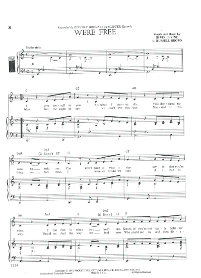 Picture of We're Free, Irwin Levine & L. Russell Brown, recorded by Beverly Bremers, sheet music