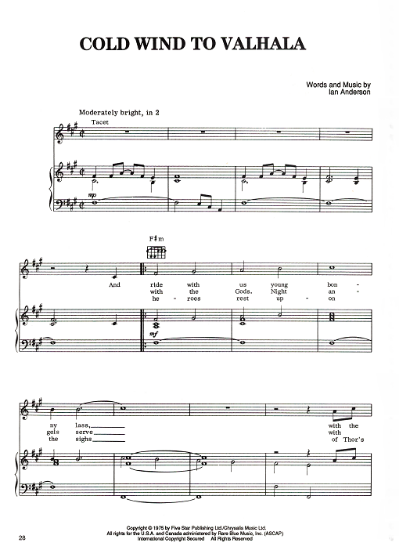 Picture of Cold Wind to Valhala, Ian Anderson, recorded by Jethro Tull,  sheet music