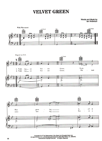 Picture of Velvet Green, Ian Anderson, recorded by Jethro Tull, sheet music