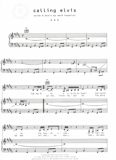Picture of Calling Elvis, Mark Knopfler, recorded by Dire Straits, sheet music