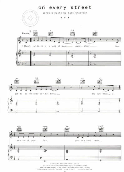 Picture of On Every Street, Mark Knopfler, recorded by Dire Straits, sheet music