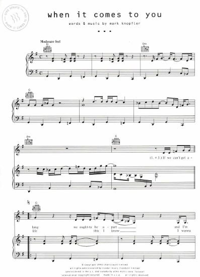 Picture of When It Comes To You, Mark Knopfler, recorded by Dire Straits, sheet music