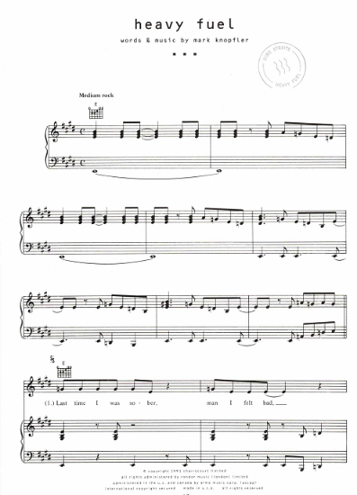 Picture of Heavy Fuel, Mark Knopfler, recorded by Dire Straits, sheet music