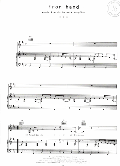 Picture of Iron Hand, Mark Knopfler, recorded by Dire Straits, sheet music