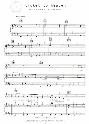 Picture of Ticket to Heaven, Mark Knopfler, recorded by Dire Straits, sheet music