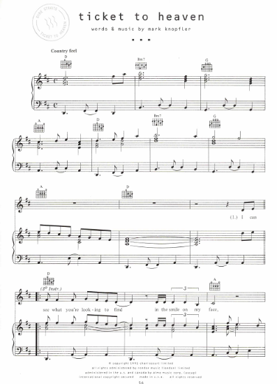 Picture of Ticket to Heaven, Mark Knopfler, recorded by Dire Straits, sheet music