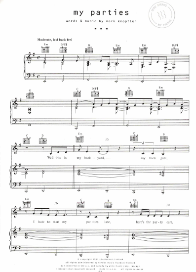 Picture of My Parties, Mark Knopfler, recorded by Dire Straits, sheet music