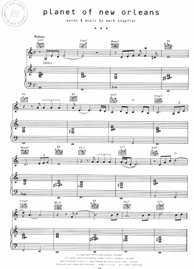 Picture of Planet of New Orleans, Mark Knopfler, recorded by Dire Straits, sheet music