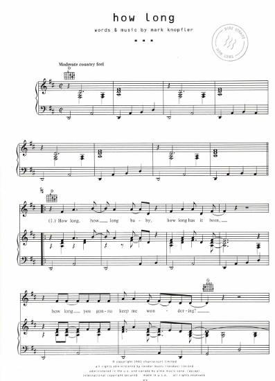 Picture of How Long, Mark Knopfler, recorded by Dire Straits, sheet music