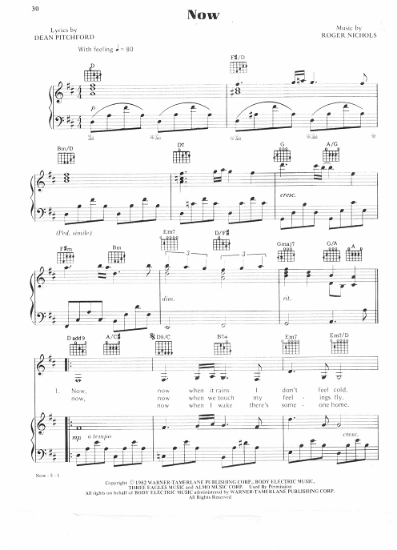 Picture of Now, Dean Pitchford & Roger Nichols, recorded by The Carpenters, sheet music