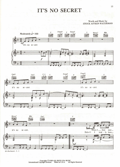 Picture of It's No Secret, Mike Stock/ Matt Aitken/ Pete Waterman, recorded by Kylie Minogue, sheet music