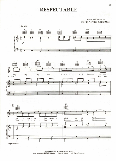 Picture of Respectable, Mike Stock/ Matt Aitken/ Pete Waterman, recorded by Mel & Kim, sheet music, pdf copy