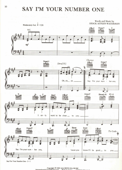 Picture of Say I'm Your Number One, Mike Stock/ Matt Aitken/ Pete Waterman, recorded by Princess, sheet music, pdf copy