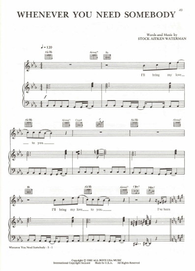 Picture of Whenever You Need Somebody, Mike Stock/ Matt Aitken/ Pete Waterman, recorded by Rick Astley, sheet music, pdf copy