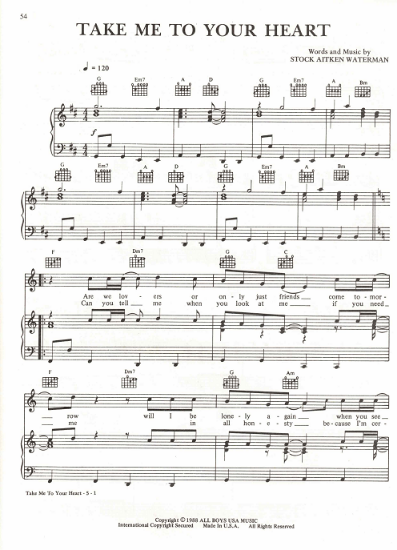 Picture of Take Me to Your Heart, Mike Stock/ Matt Aitken/ Pete Waterman, recorded by Rick Astley, sheet music, pdf copy