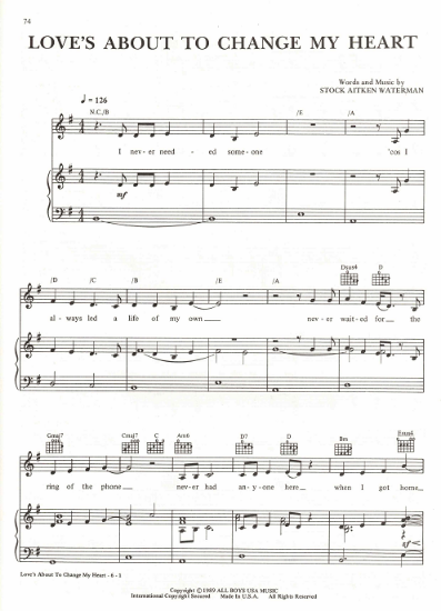 Picture of Love's About to Change My Heart, Mike Stock/ Matt Aitken/ Pete Waterman, recorded by Donna Summer, sheet music, pdf copy
