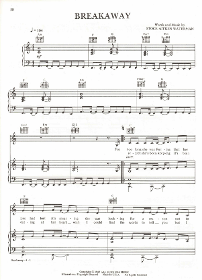 Picture of Breakaway, Mike Stock/ Matt Aitken/ Pete Waterman, recorded by Donna Summer, sheet music