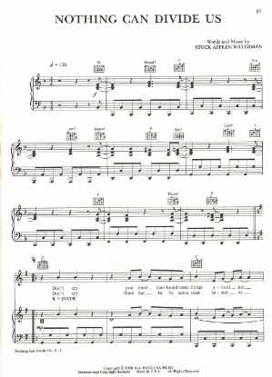 Picture of Nothing Can Divide Us, Mike Stock/ Matt Aitken/ Pete Waterman, recorded by Jason Donovan, sheet music, pdf copy