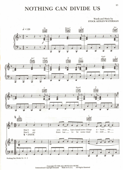 Picture of Nothing Can Divide Us, Mike Stock/ Matt Aitken/ Pete Waterman, recorded by Jason Donovan, sheet music, pdf copy