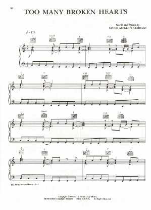 Picture of Too Many Broken Hearts, Mike Stock/ Matt Aitken/ Pete Waterman, recorded by Jason Donovan, sheet music, pdf copy