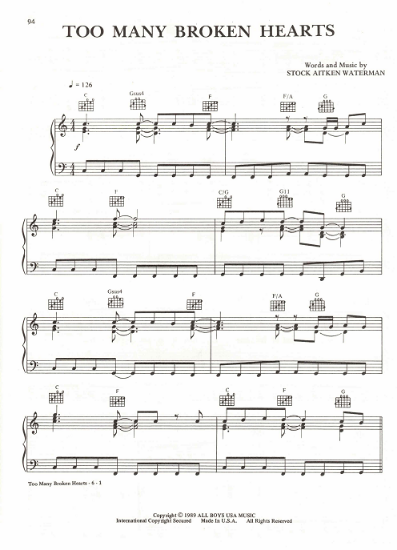 Picture of Too Many Broken Hearts, Mike Stock/ Matt Aitken/ Pete Waterman, recorded by Jason Donovan, sheet music, pdf copy