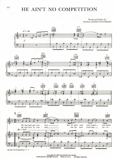 Picture of He Ain't No Competition, Mike Stock/ Matt Aitken/ Pete Waterman, recorded by Brother Beyond, sheet music
