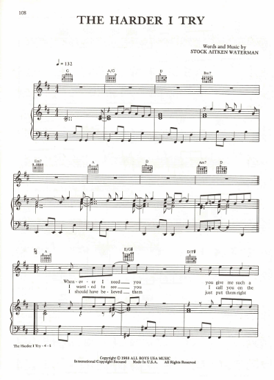 Picture of The Harder I Try, Mike Stock/ Matt Aitken/ Pete Waterman, recorded by Brother Beyond, sheet music