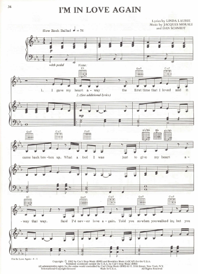 Picture of I'm In Love Again, Linda Laurie/ Jacques Morali/ Dan Schmidt, recorded by Pia Zadora, sheet music