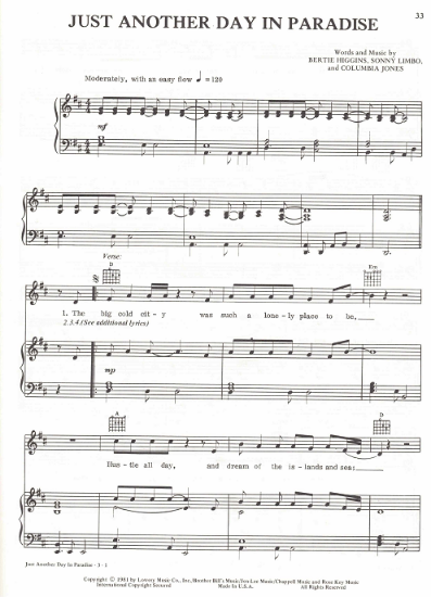 Picture of Just Another Day in Paradise, Bertie Higgins/ Sonny Limbo/ Columbia Jones, recorded by Bertie Higgins, sheet music