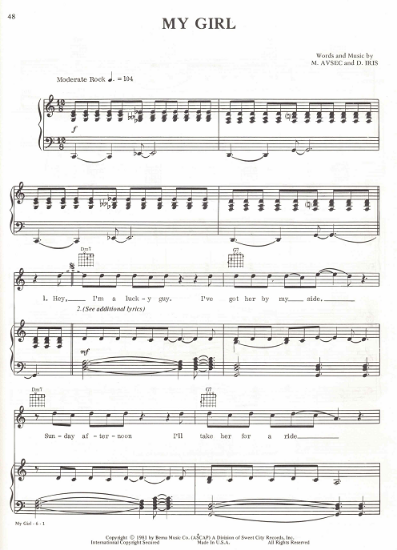 Picture of My Girl, M. Avsec & D. Iris, recorded by Donnie Iris, sheet music