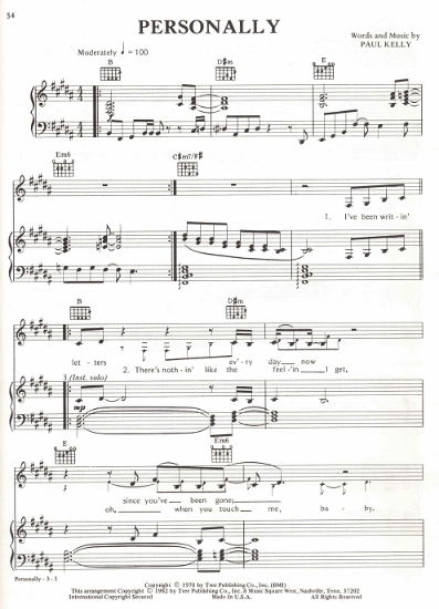 Picture of Personally, Paul Kelly, recorded by Karla Bonoff/ also Ronnie McDowell, sheet music