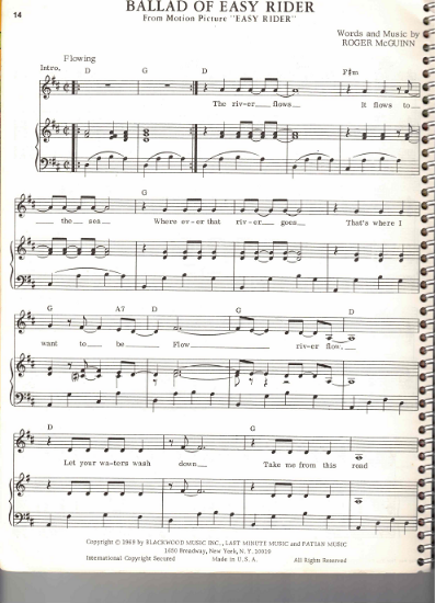 Picture of Ballad of Easy Rider, movie theme, Roger McGuinn, sheet music