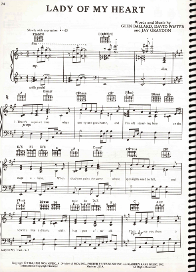 Picture of Lady of My Heart, Glen Ballard/ David Foster/ Jay Graydon, recorded by Jack Wagner, sheet music