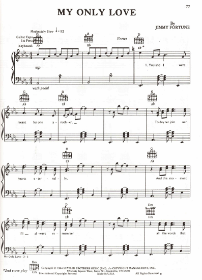 Picture of My Only Love, Jimmy Fortune, recorded by The Statler Brothers, sheet music