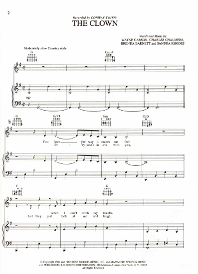 Picture of The Clown, Wayne Carson/ Charles Chalmers/ Brenda Barnett/ Sandra Rhodes, recorded by Conway Twitty, sheet music