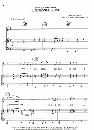 Picture of Tennessee Rose, Karen Brooks & Hank DeVito, recorded by Emmylou Harris, sheet music