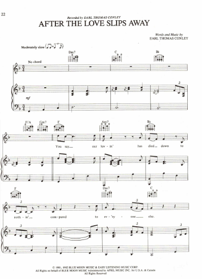 Picture of After the Love Slips Away, written & recorded by Earl Thomas Conley, sheet music