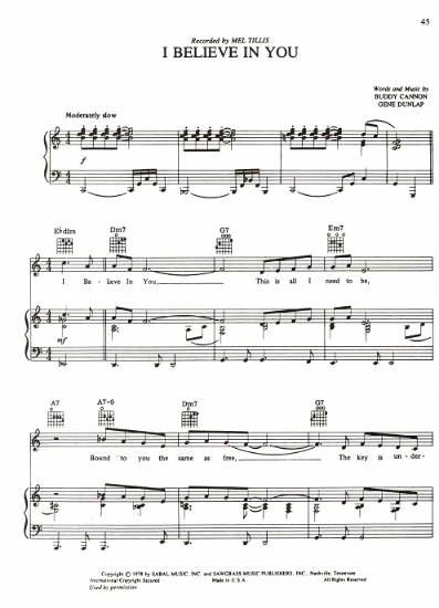 Picture of I Believe in You, Buddy Cannon & Gene Dunlap, recorded by Mel Tillis, sheet music