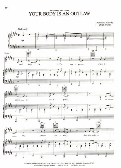 Picture of Your Body is an Outlaw, Buzz Rabin, recorded by Mel Tillis, sheet music