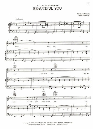 Picture of Beautiful You, Dave Hanner, recorded by The Oak Ridge Boys, pdf copy