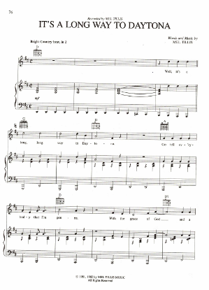 Picture of It's a Long Way to Daytona, written & recorded by Mel Tillis, sheet music