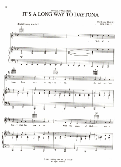 Picture of It's a Long Way to Daytona, written & recorded by Mel Tillis, sheet music