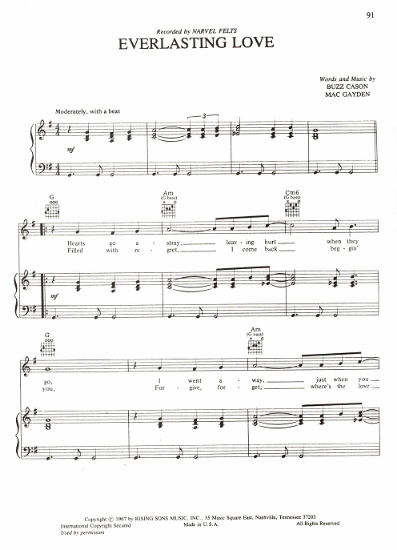 Picture of Everlasting Love, Buzz Cason & Mac Gayden, recorded by Narvel Felts, sheet music