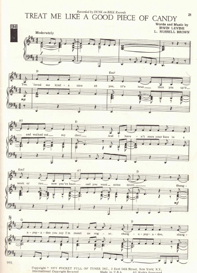 Picture of Treat Me Like a Good Piece of Candy, Irwin Levine & L. Russell Brown, recorded by Dusk, sheet music