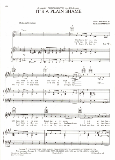 Picture of It's a Plain Shame, written &  recorded by Peter Frampton, sheet music