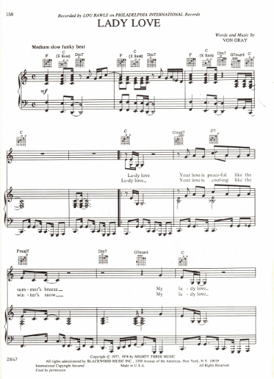 Picture of Lady Love, Von Gray, recorded by Lou Rawls, sheet music