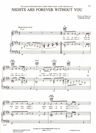 Picture of Nights Are Forever Without You, Parker McGee, recorded by England Dan & John Ford Coley, sheet music