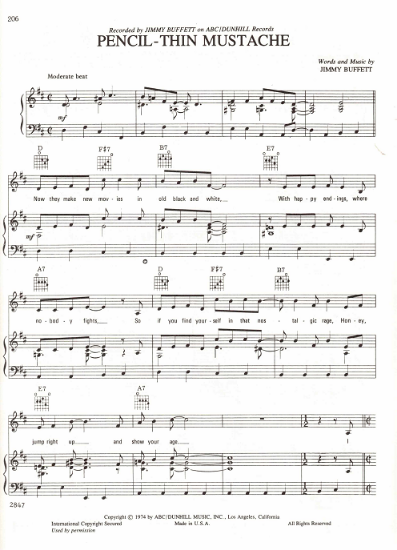 Picture of Pencil-Thin Mustache, written & recorded by Jimmy Buffet, sheet music